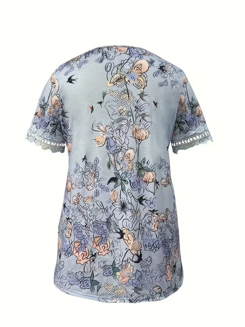 Plus Size Floral Print Lace-Trim Top – Women's V-Neck Short Sleeve Elegant Blouse