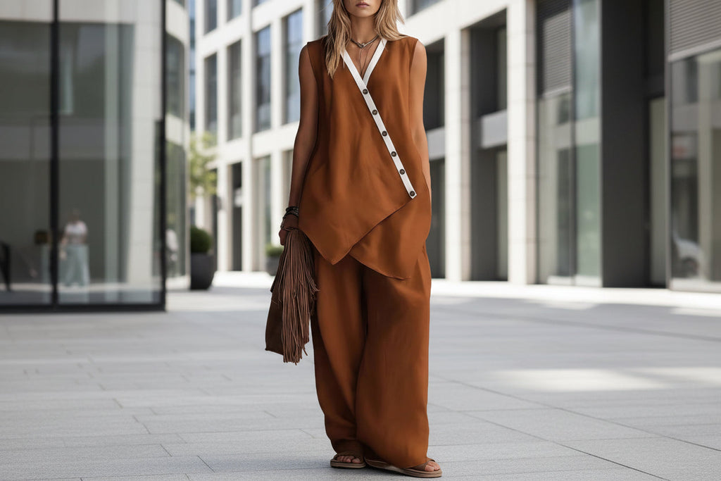 Women's Boho V-Neck Button Vest & Wide-Leg Pants Set
