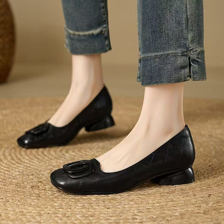 Women's French Vintage Round Toe Slip-On Flats – Low Chunky Heel Mary Jane Style