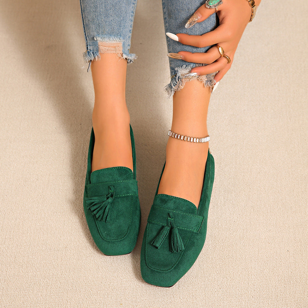 Women's Square Toe Tassel Slip-On Loafers | Suede Flat Casual Shoes