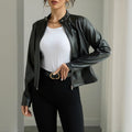 Women's Solid Color Long Sleeve Stand Collar Faux Leather Blazer