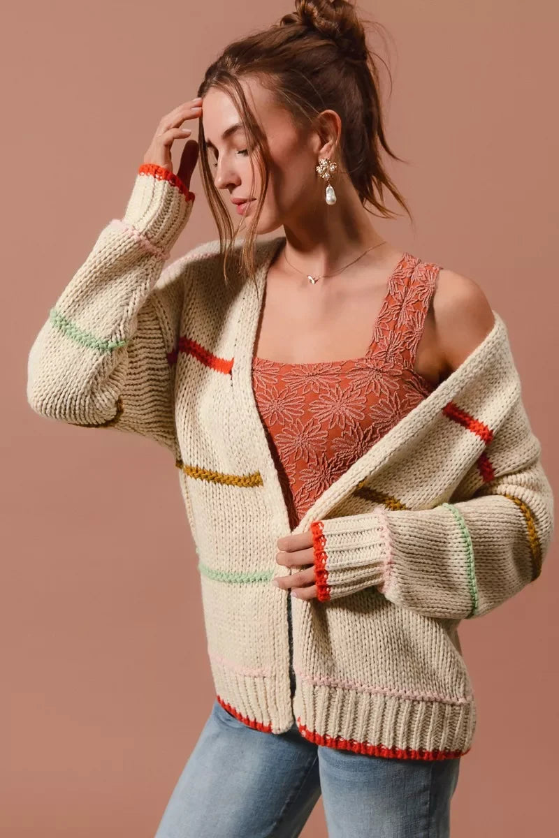 SO ME Loose Fit Multi Stripe Open Front Cardigan