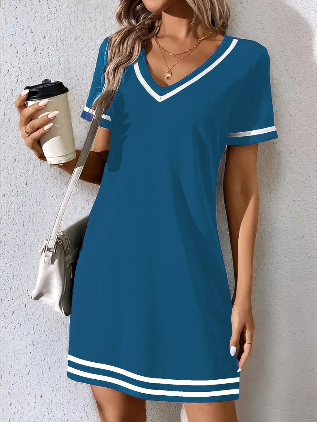 Women's Contrast-Color V-Neck A-Line Dress – Short Sleeve, Elegant, Mid-Rise