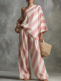 Women's Retro Striped Batwing Top & Wide-Leg Pants Set – Vintage 2-Piece