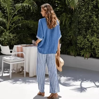 Women's Striped Tunic Top & Casual Trousers Two-Piece Set