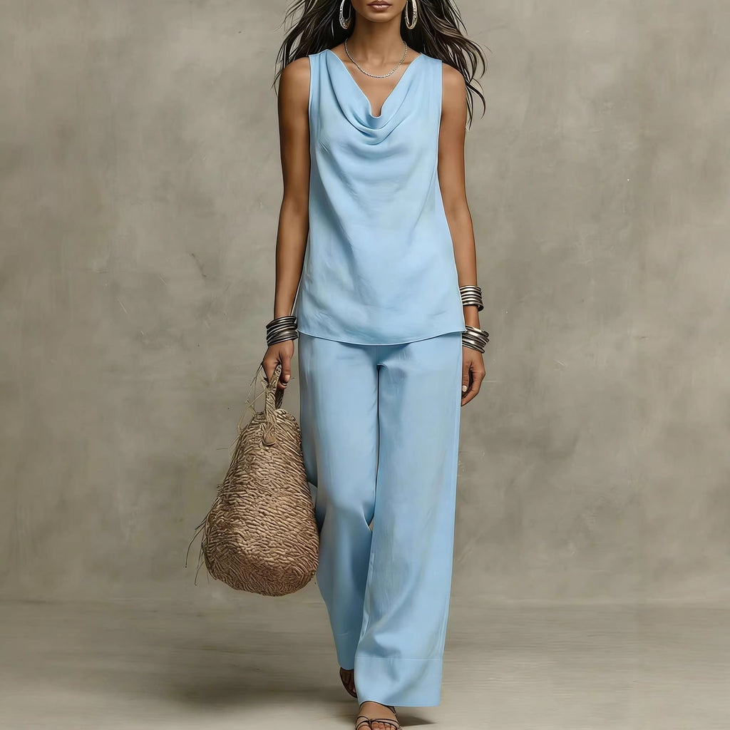 Women's Slash-Neck Sleeveless Tank Top & Casual Pants Set