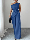 One-Shoulder Asymmetric Top & Wide-Leg Pants 2-Piece Set – Women's Elegant Co-ord Suit