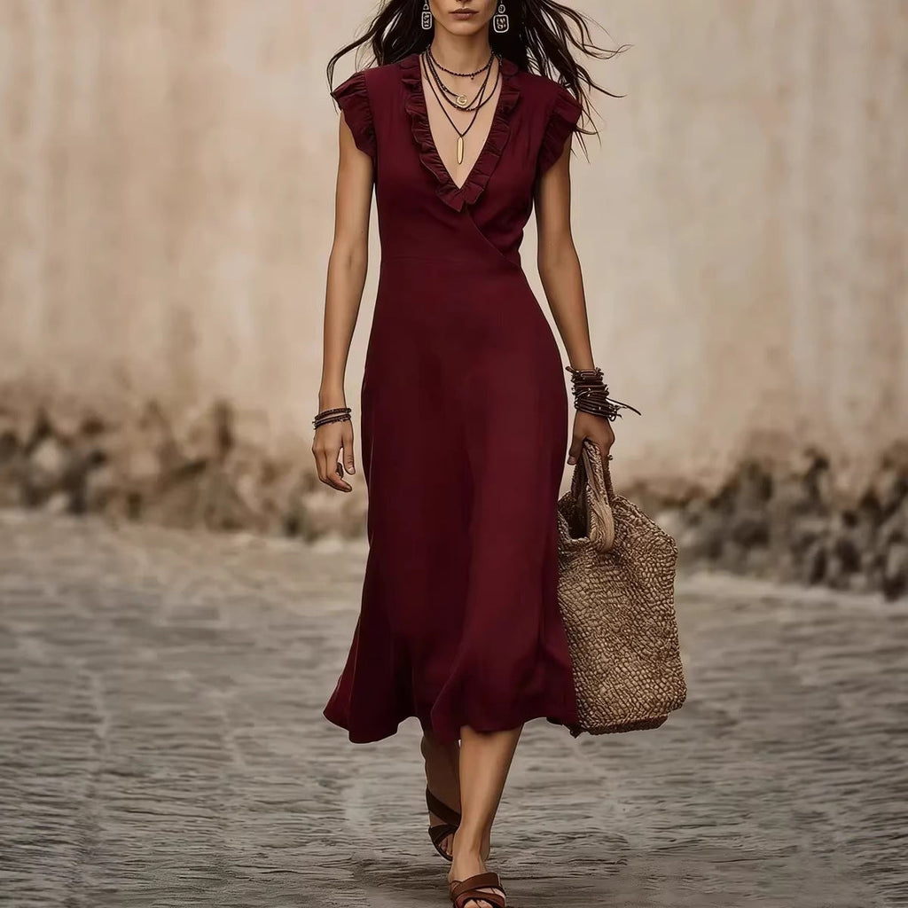 Women's V-Neck Cotton-Linen Flutter-Sleeve Ruffle-Trim Midi Dress