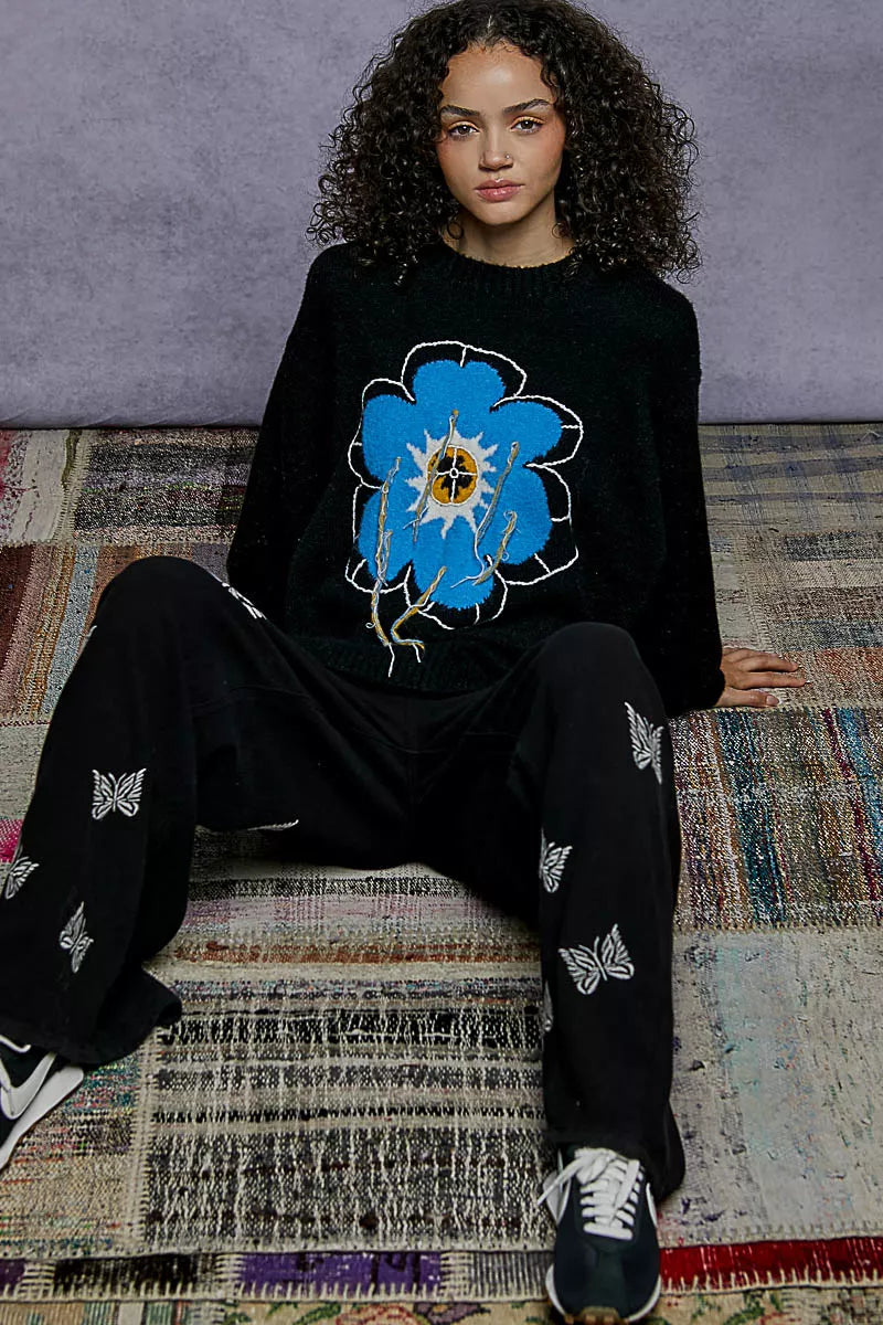 POL Floral Pattern Round Neck Sweater with Exposed Stitching