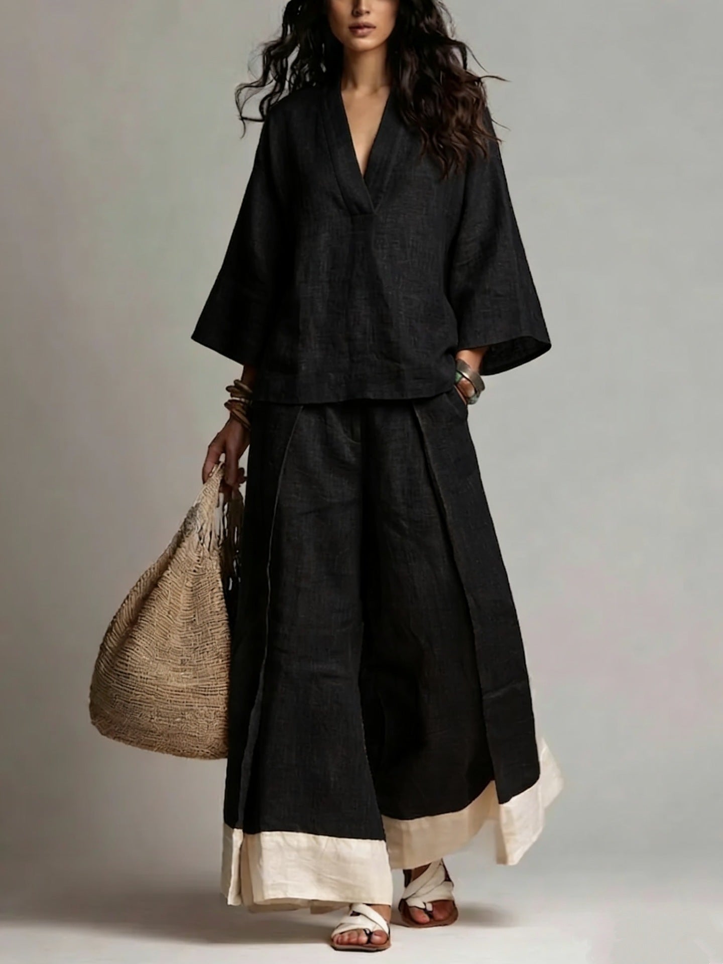 Women's Cotton-Linen V-Neck 3/4 Sleeve Shirt & Wide-Leg Pants Set