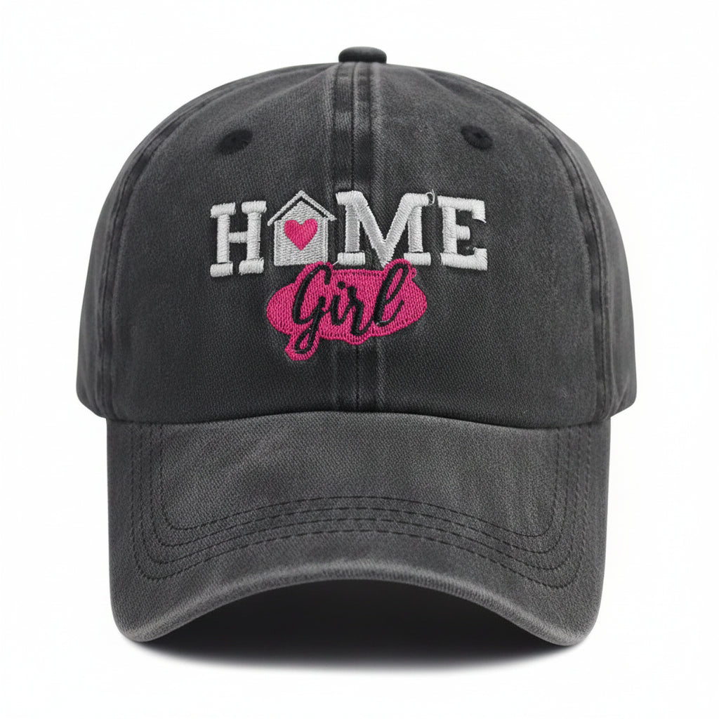 Vintage Washed Baseball Cap – "HOME Girl" Embroidered Distressed Trucker Hat