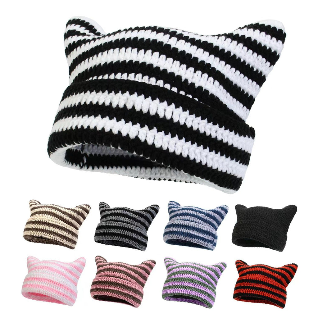 Women’s Hand Knitted Striped Cat Hat – Cute Warm Winter Beanie