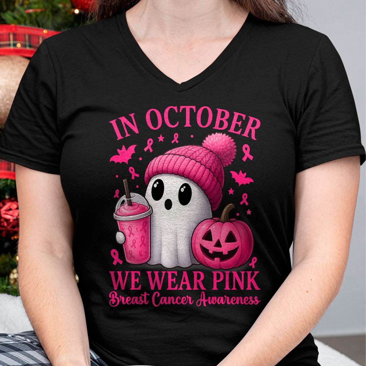 Camiseta de Halloween para mujer con diseño de concienciación sobre el cáncer de mama en octubre, usamos rosa, camiseta/sudadera con capucha unisex de Halloween - NGHL00
