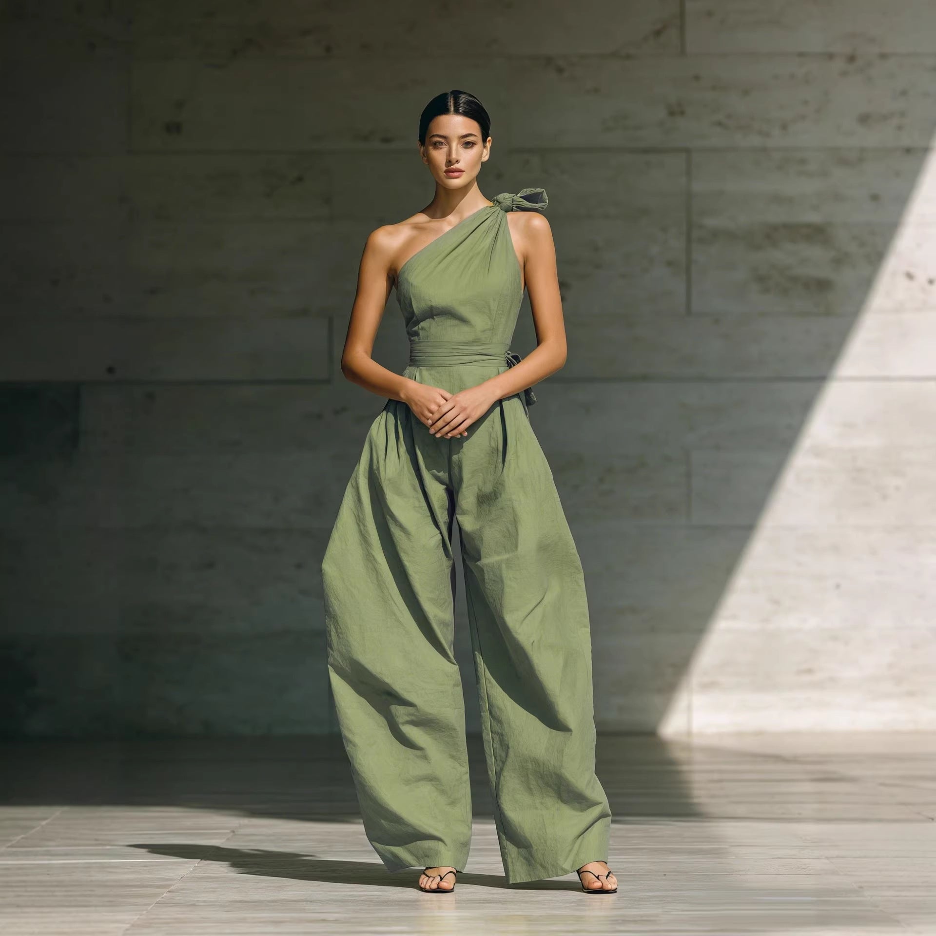 Women's Loose Sleeveless Off-Shoulder Belted Wide-Leg Jumpsuit