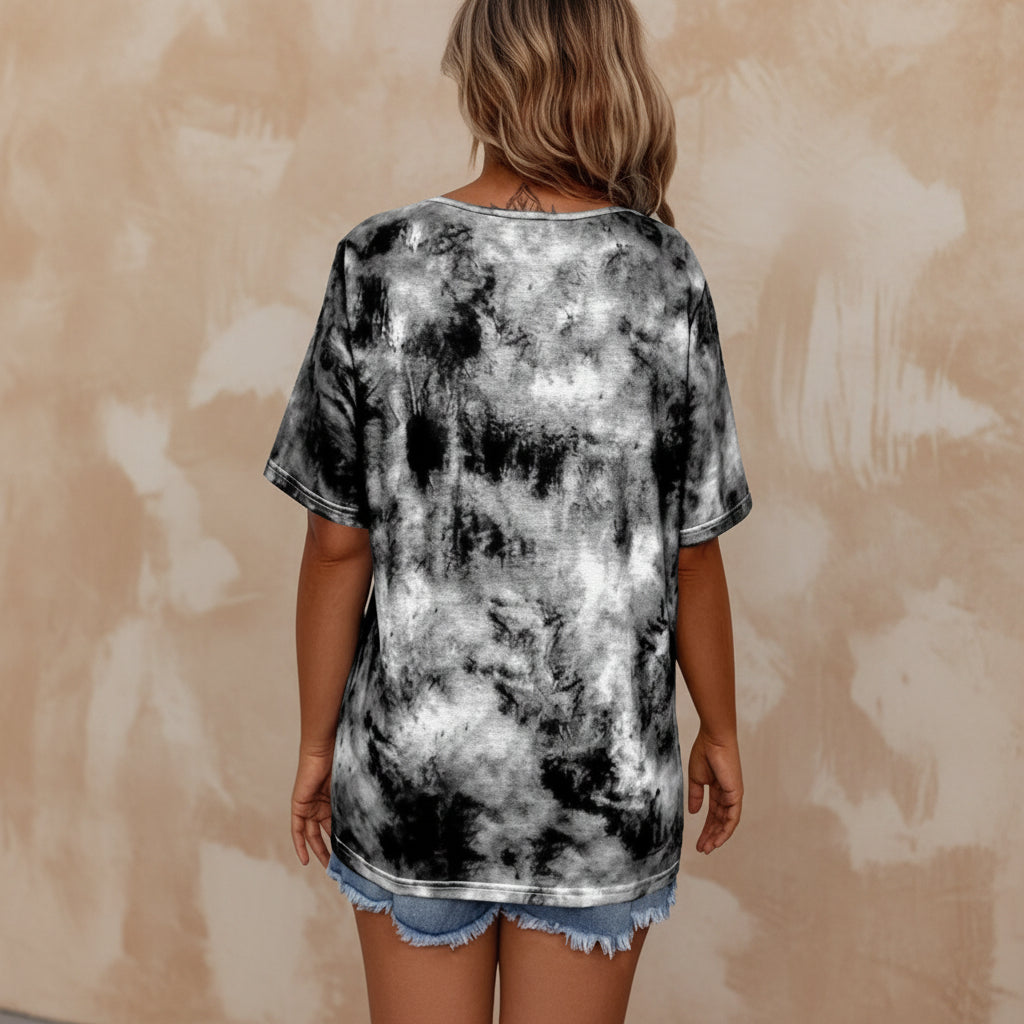 Women's Tie-Dye Print Drawstring T-Shirt – Loose Fit, Short Sleeve, Casual