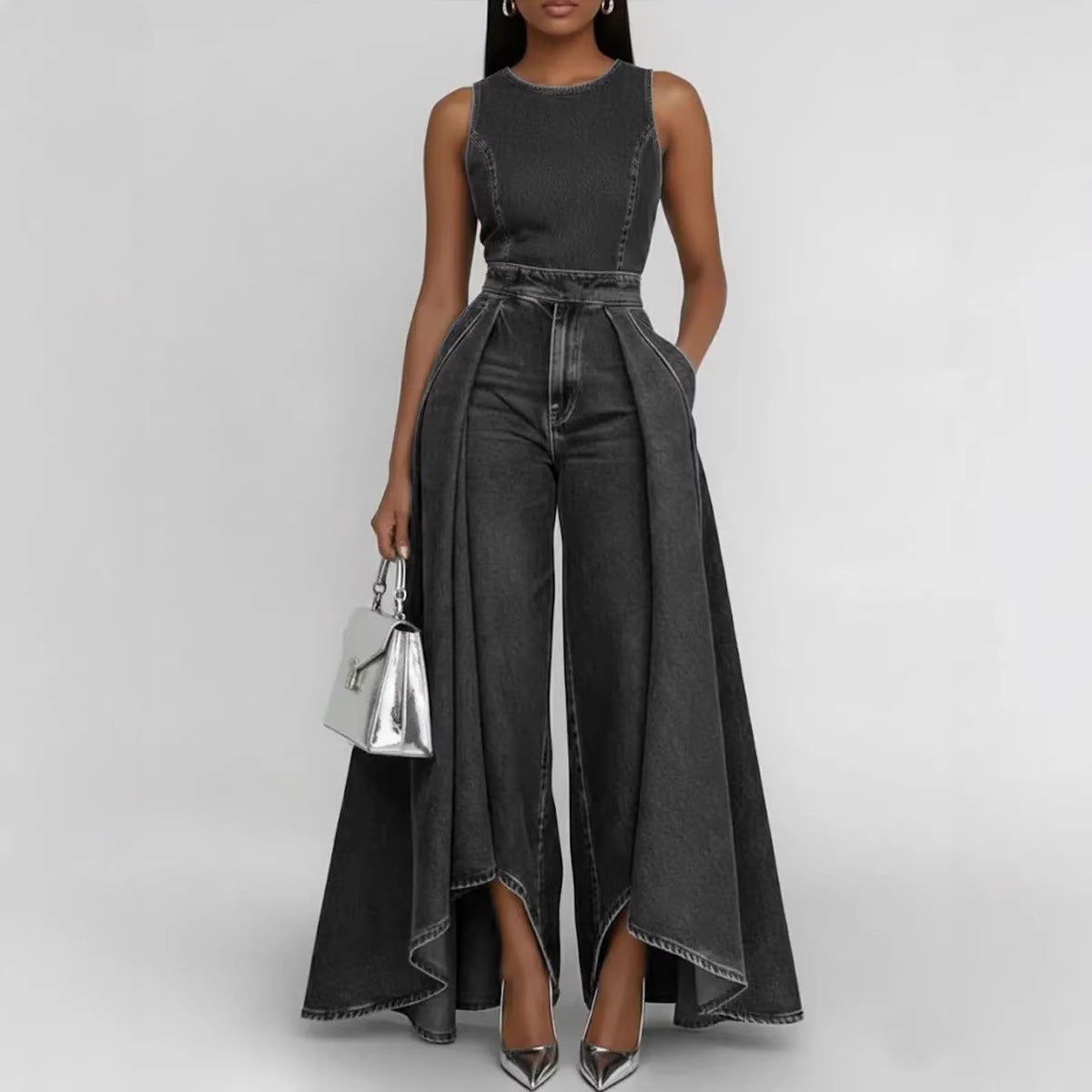 Women’s Crew Neck Sleeveless Wide-Leg Denim Jumpsuit