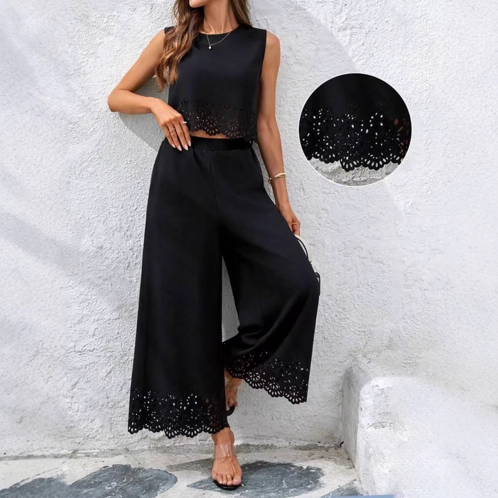 Women's Resort-Style Hollow-Out Tank Top & Pants Set – 2-Piece with Pockets