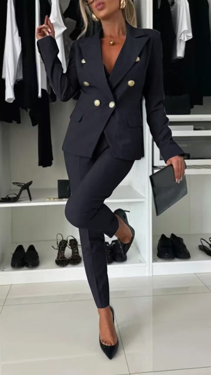 Double-Breasted Lapel Blazer & Zip-Up Trousers Suit