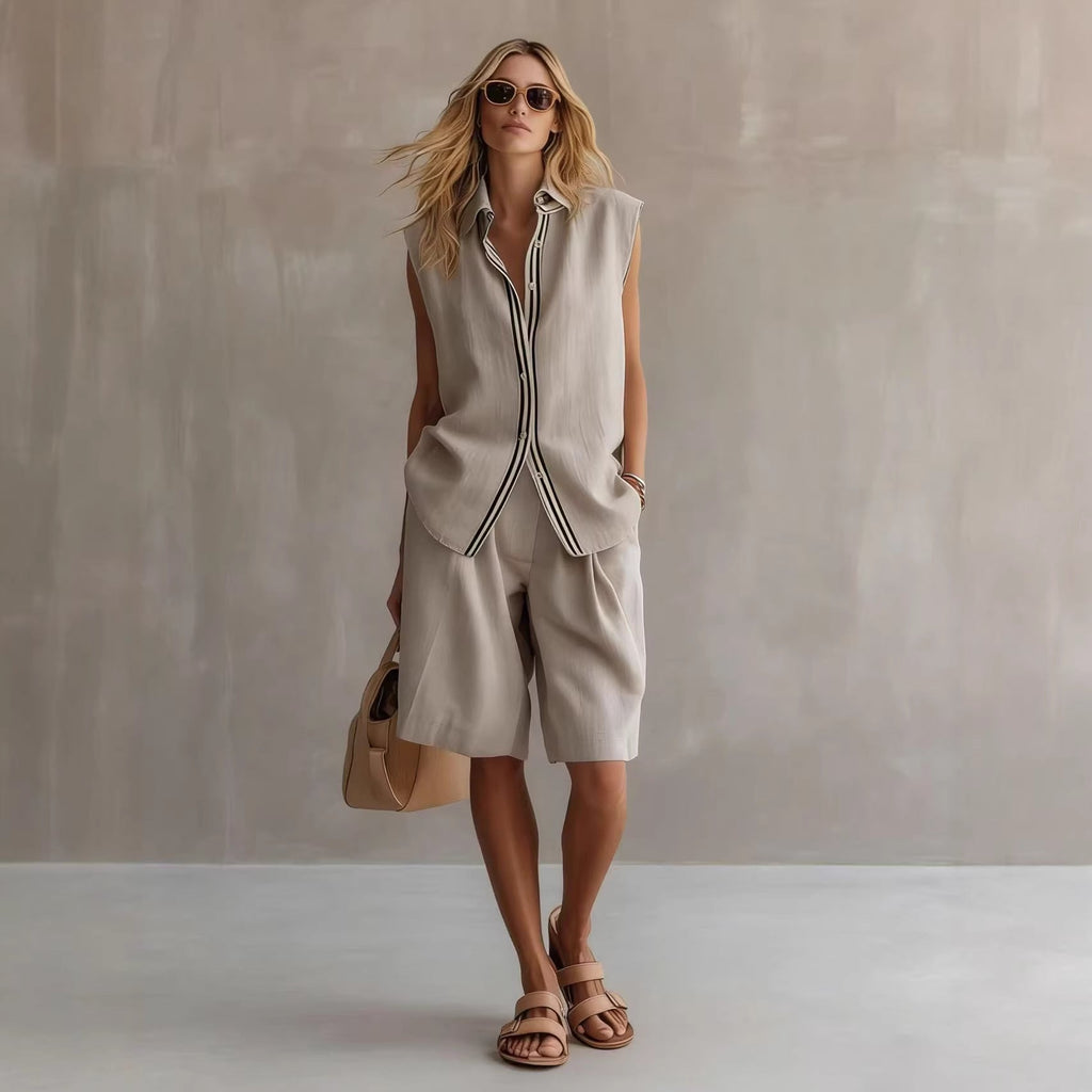 Women's Linen Shirt and Shorts Set – Sleeveless Summer Two-Piece