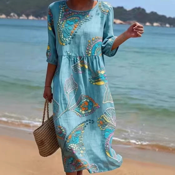 Women's 3D Floral Print Long-Sleeve A-Line Dress – Crew Neck Loose Fit
