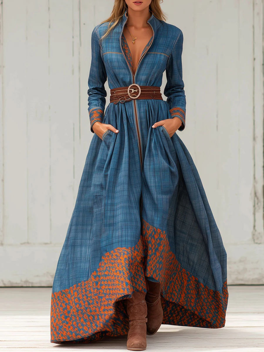 Color-Blocked Floral Patterned Stand Collar Long Dress