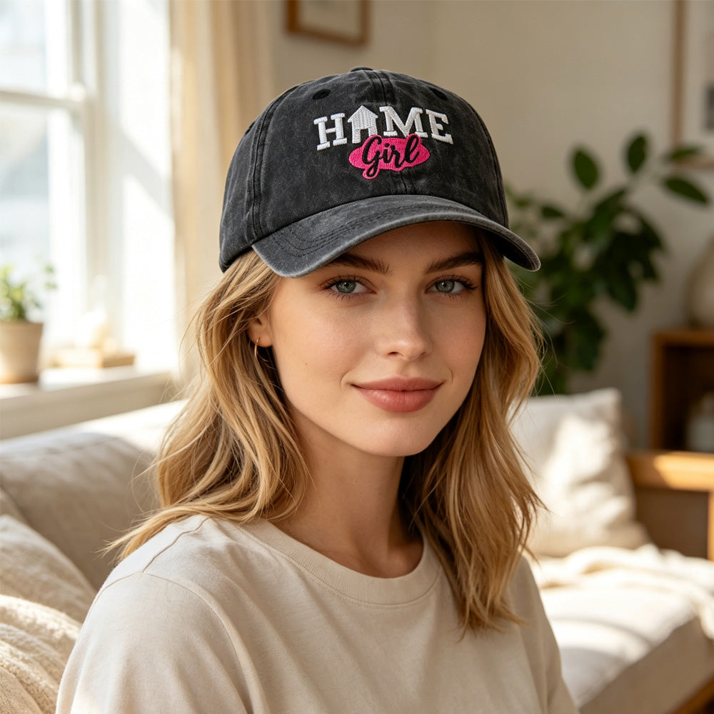 Vintage Washed Baseball Cap – "HOME Girl" Embroidered Distressed Trucker Hat