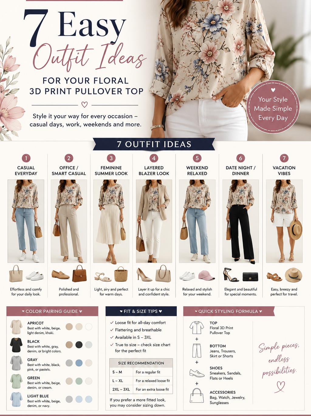 Women's Floral 3D Print Pullover Top – Loose Fit Elegant Casual S to 3XL