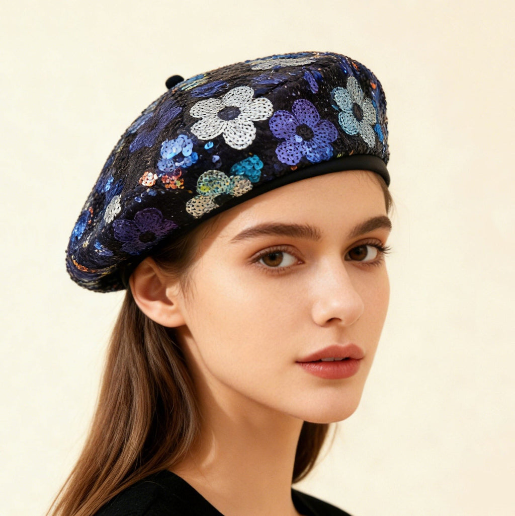 Sequin Flower Beret – Trendy Painter's Hat for Women | Outdoor & Everyday Style