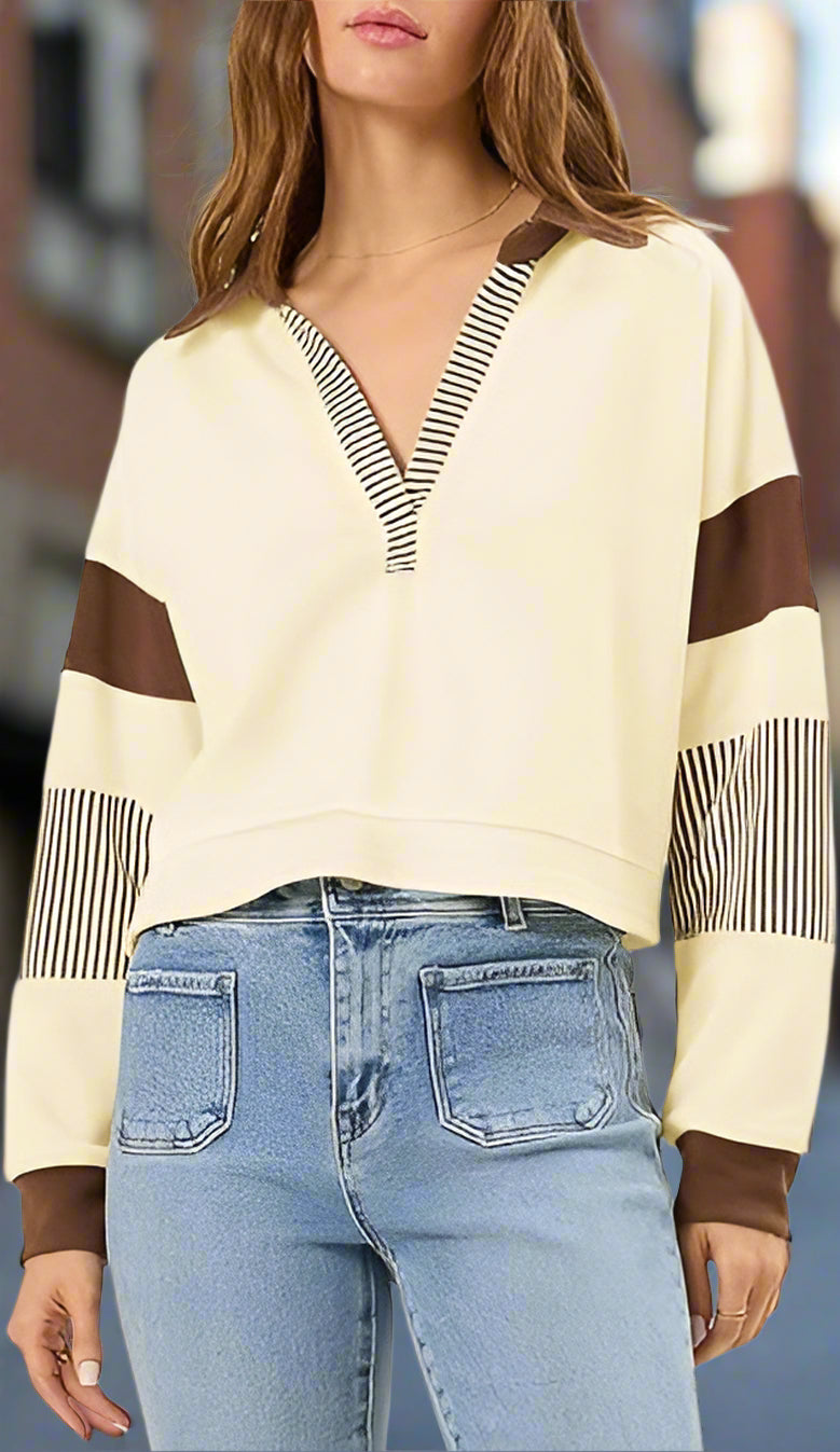 Color‑Block Cropped Polo V‑Neck Sweatshirt