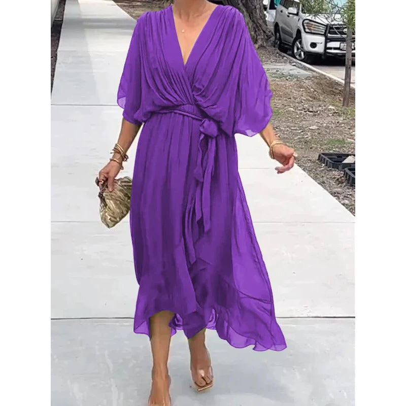 Batwing Sleeve V-Neck Midi Dress – Tied Irregular Hem Fairy Dress