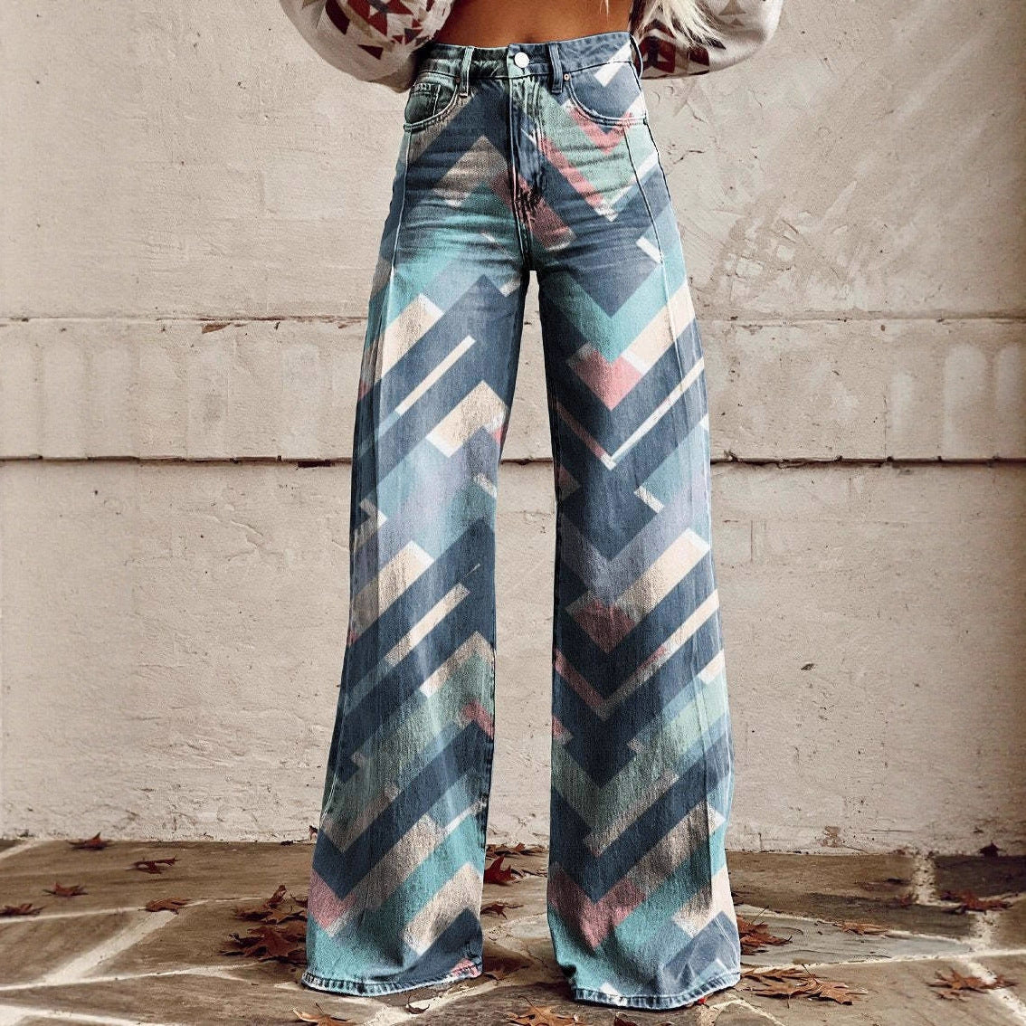 Women's Printed Flare Pants – Mid-Waist Full Length Plus Size