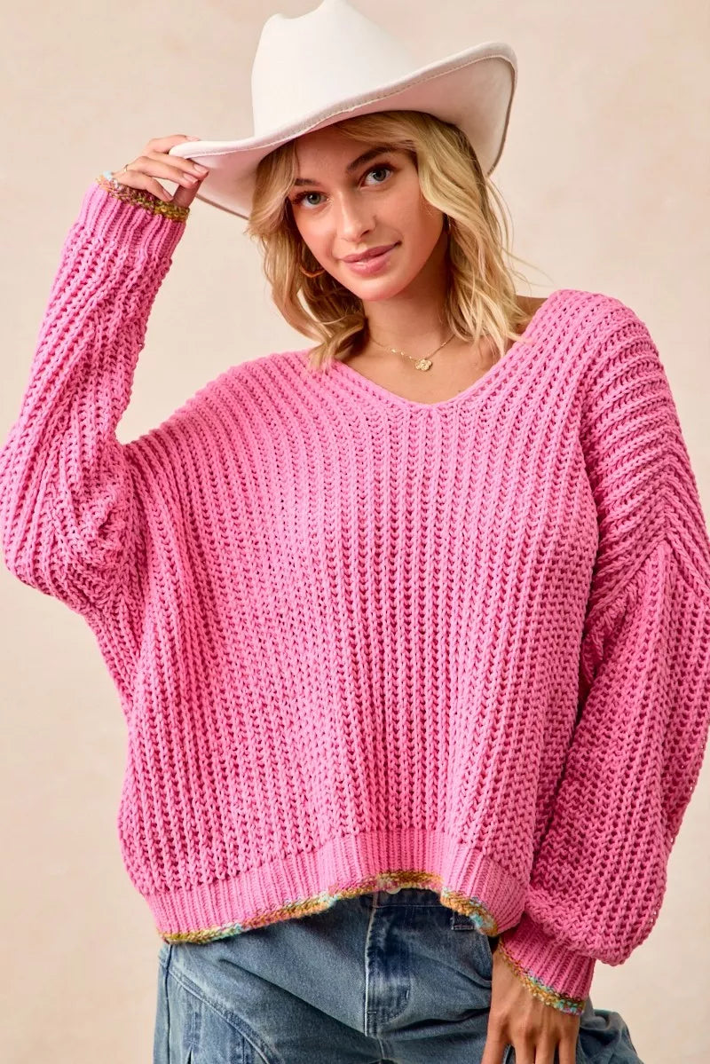 BiBi V-Neck Sweater with Colorful Trim