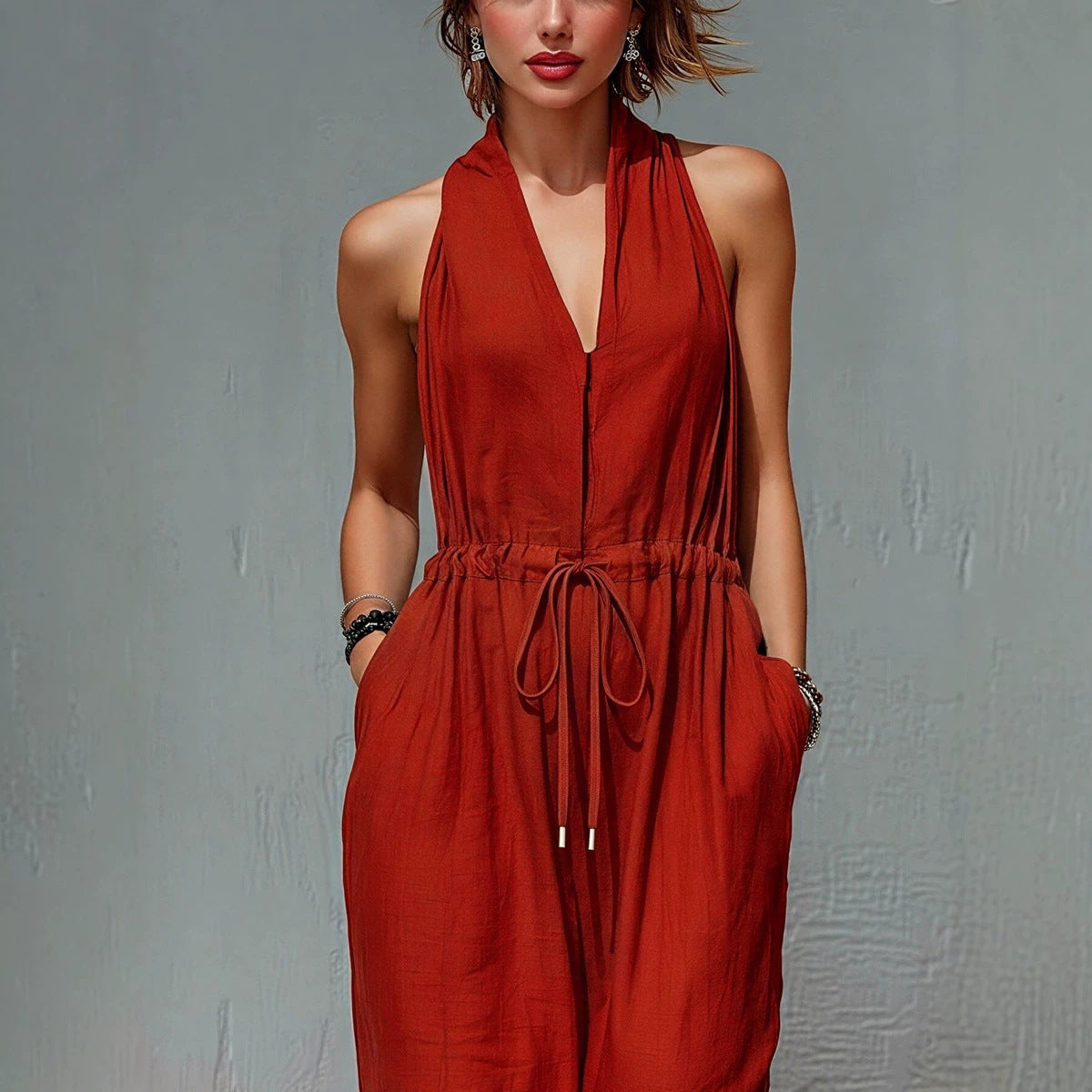 Women's Sleeveless Halter Neck Solid Color Long Jumpsuit