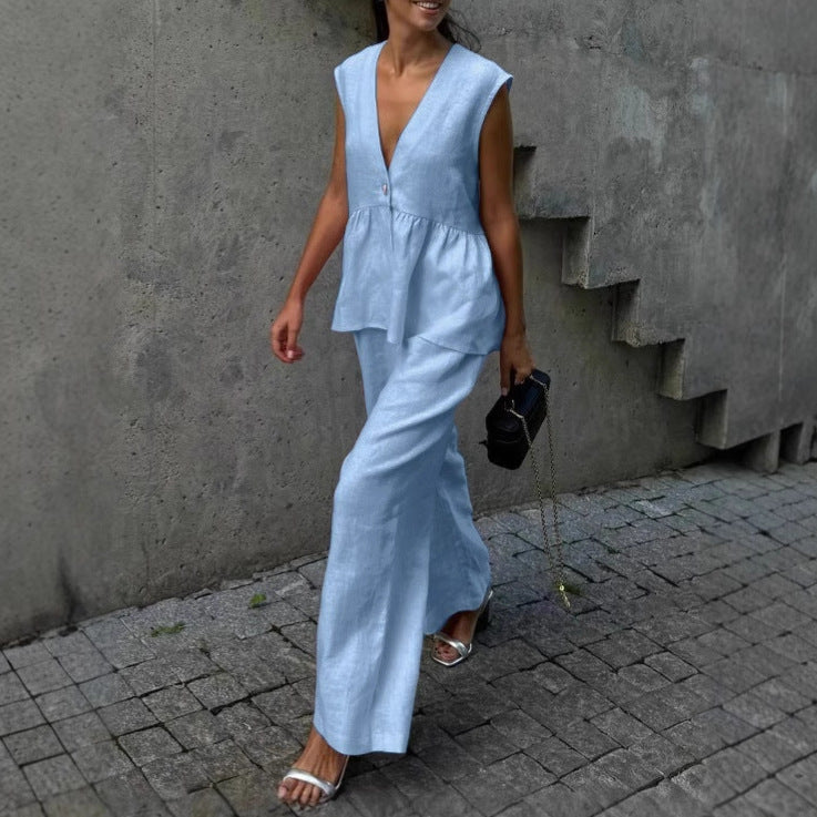 Women’s Cotton V-Neck Sleeveless Vest and Wide-Leg Pants Set