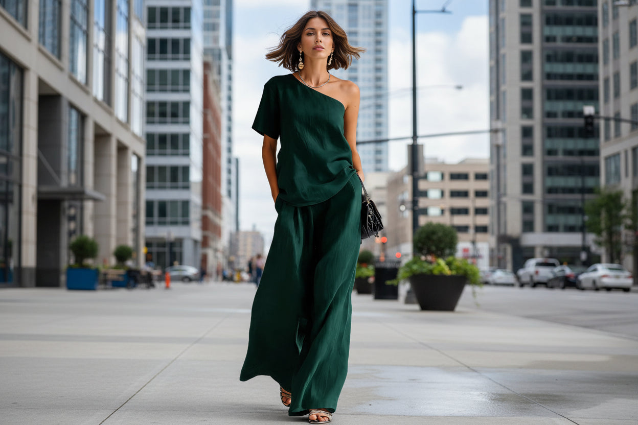 Women's Wide-Leg Pants & Top Set – 2-Piece Three-Quarter Sleeve Outfit