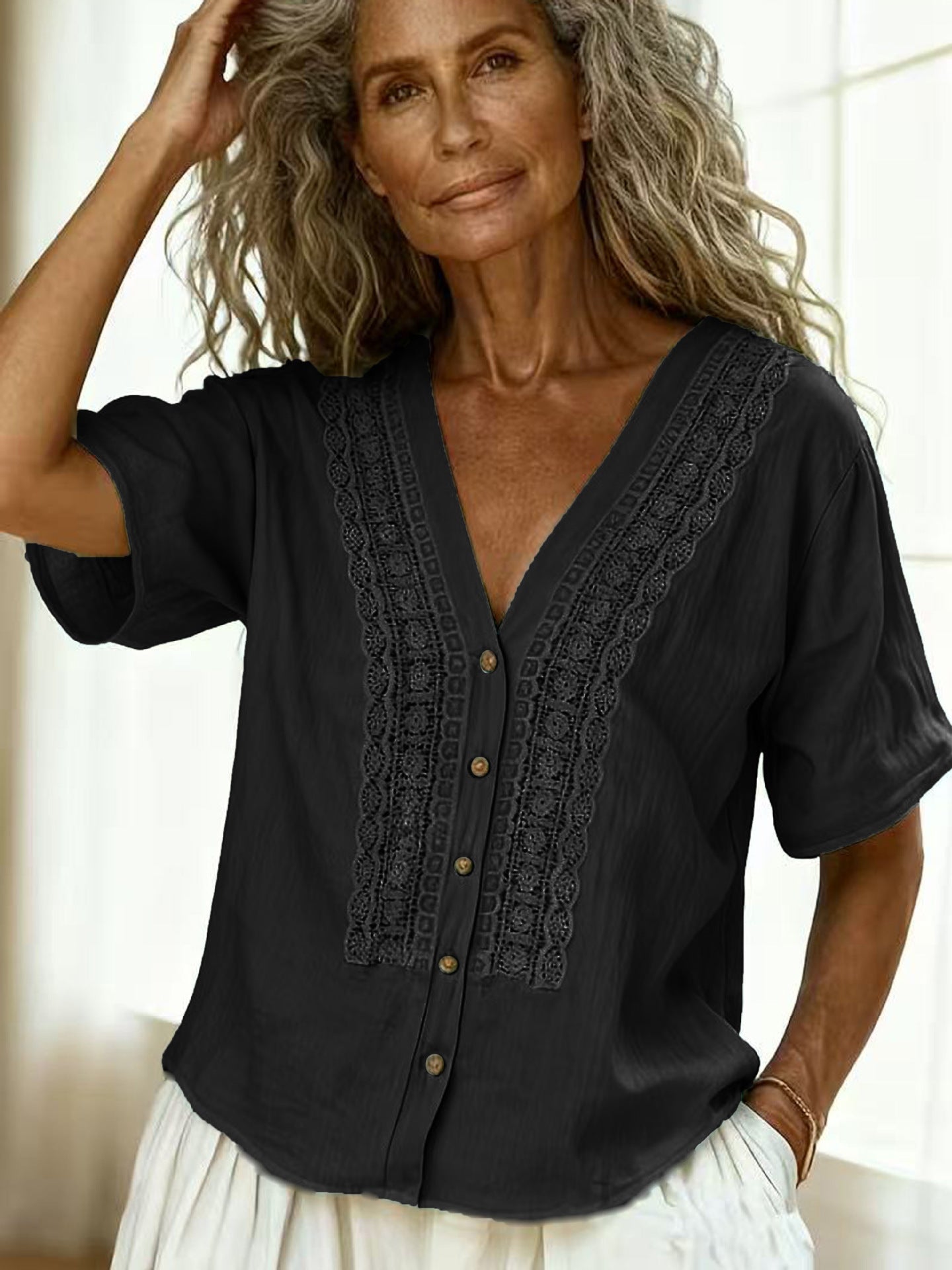 Women's Loose-Fit Faux Linen Embroidered Button-Up Top