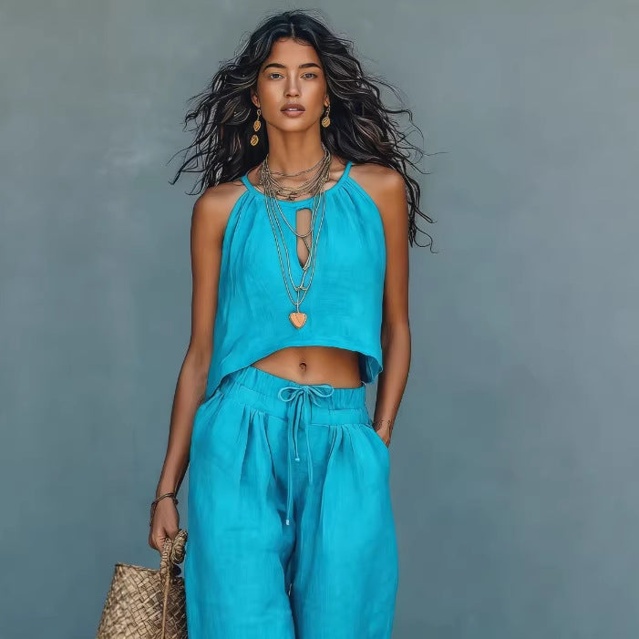 Women's Sleeveless Tank Top & Wide-Leg Pants Set – Linen Blend Summer Two-Piece