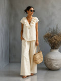 Women's V-Neck Ruffled Hem Top & Wide-Leg Pants Two-Piece Set