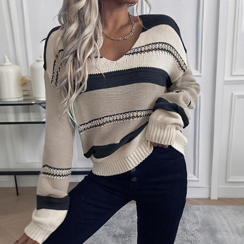Women's French Vintage Striped Sweater | V-Neck Long Sleeve Stretch Knit