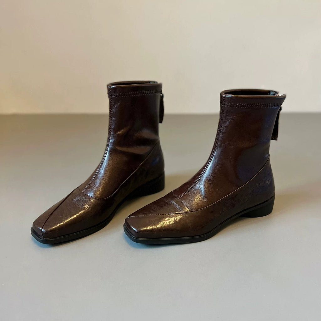 Women's French Retro Genuine Leather Square Toe Block Heel Ankle Boots