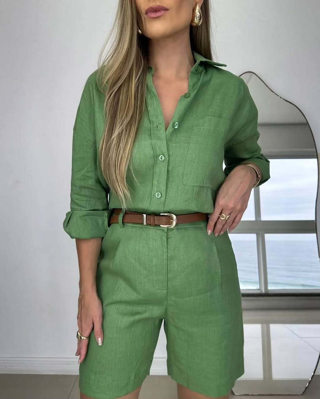 Women's Casual Long-Sleeve Shirt & Shorts Set – Cotton 2-Piece