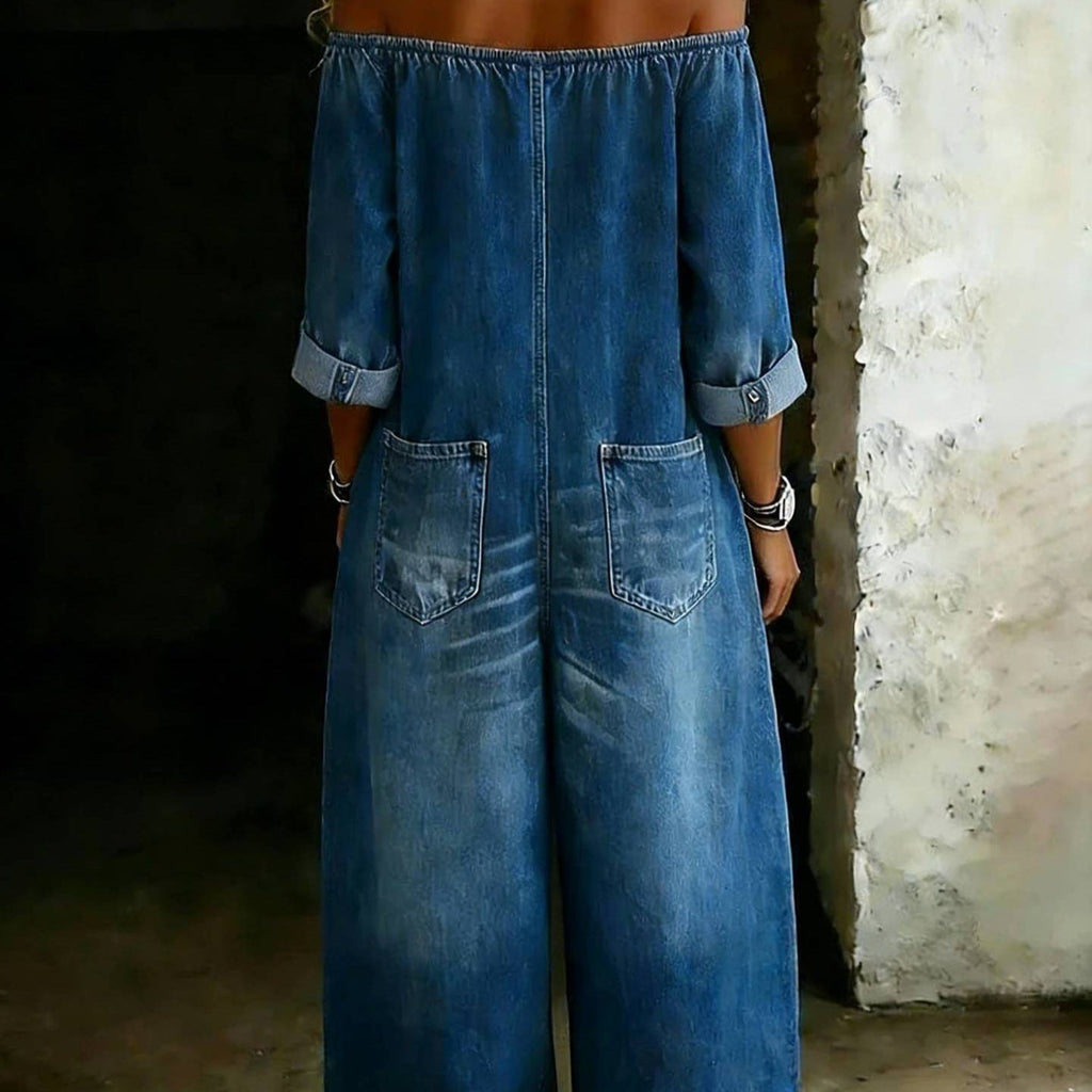 Women's Off-Shoulder Washed Faux Denim Strap Overalls Jumpsuit