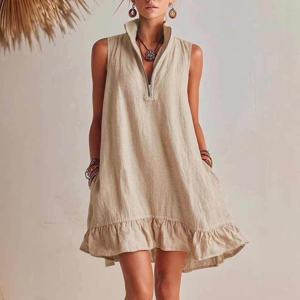 Women's Casual Loose Half-Zip Sleeveless Dress with Ruffle Hem