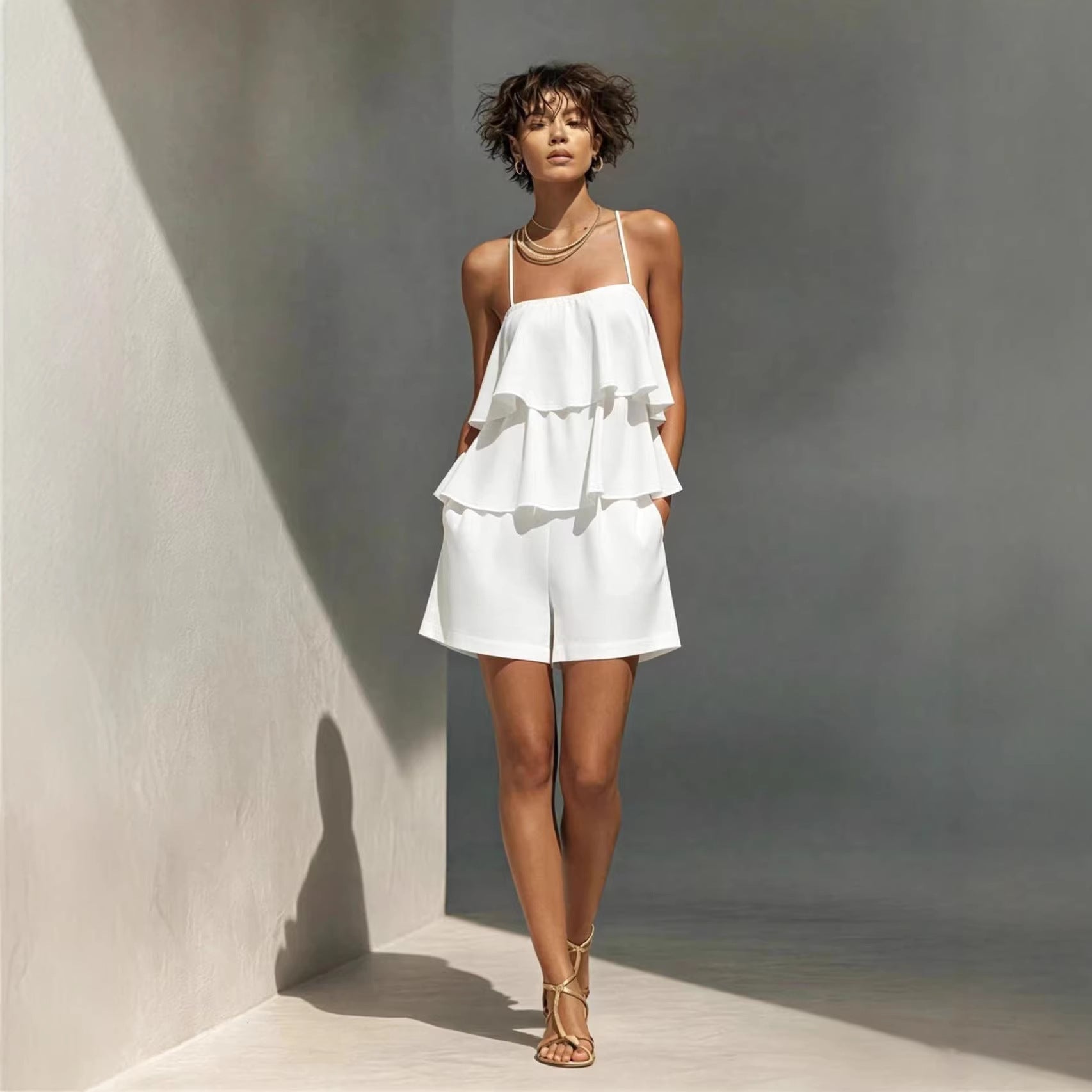Women's Multi-Layer Ruffle Camisole & Shorts Set