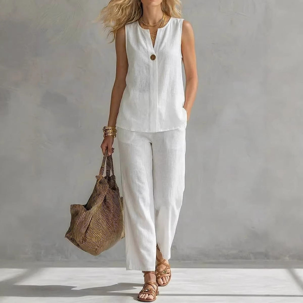 Women's Sleeveless V-Neck Top & Full-Length Pants Two-Piece Set