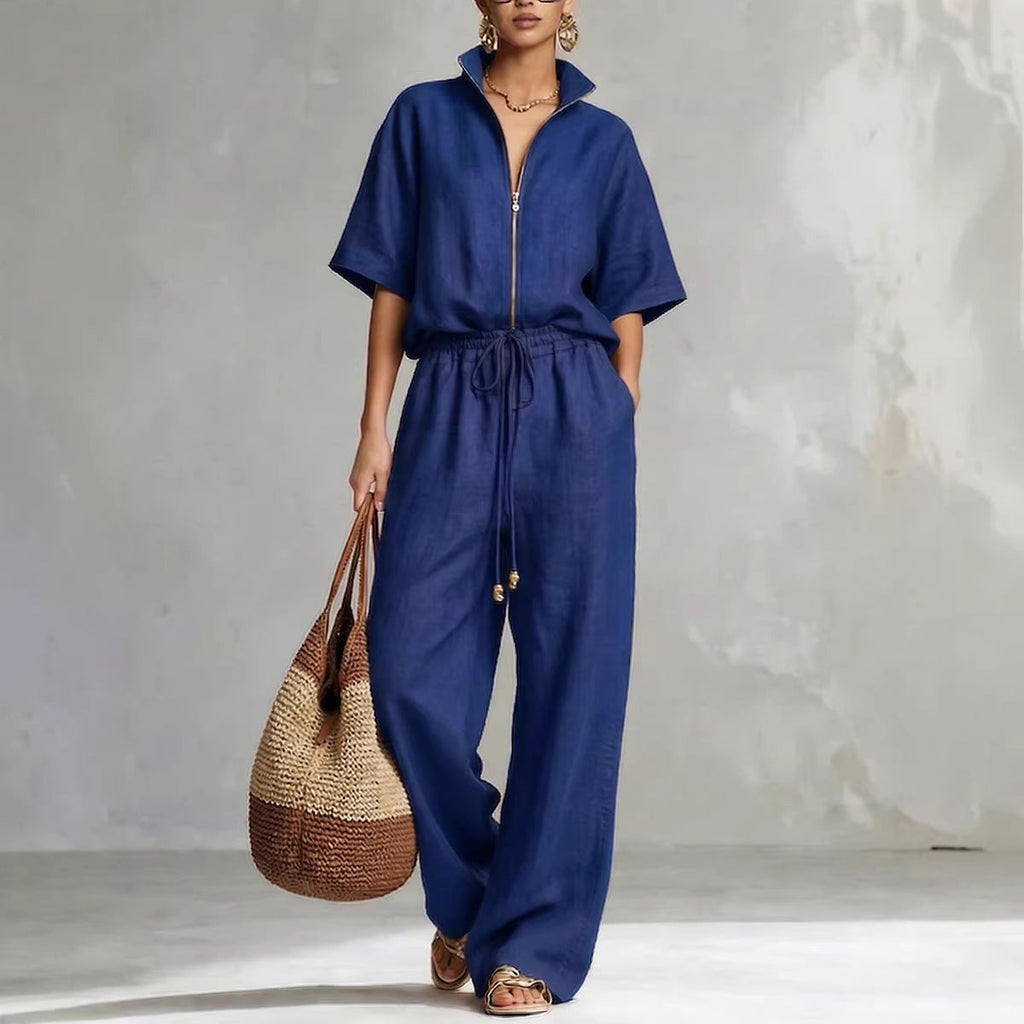 Women's Zip-Up Crew-Neck Top & Wide-Leg Pants Set