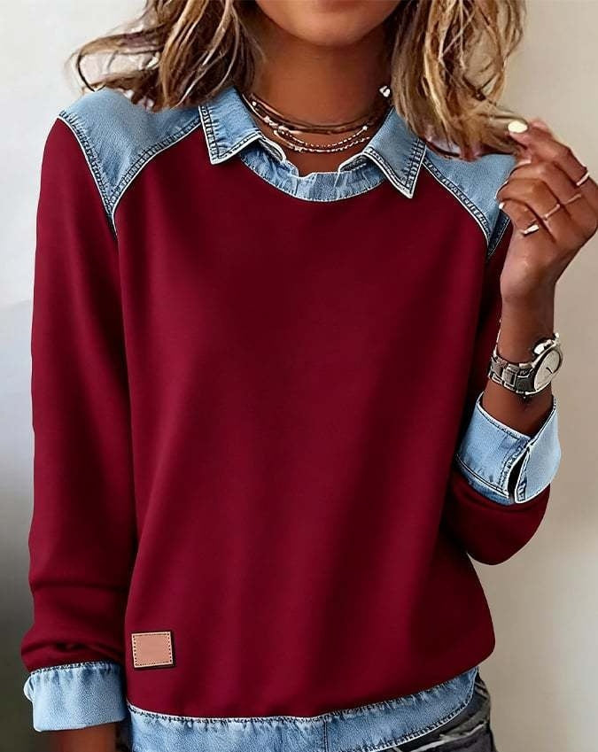 Denim Collar Patchwork Pullover Knitwear Top – Women’s Street Style