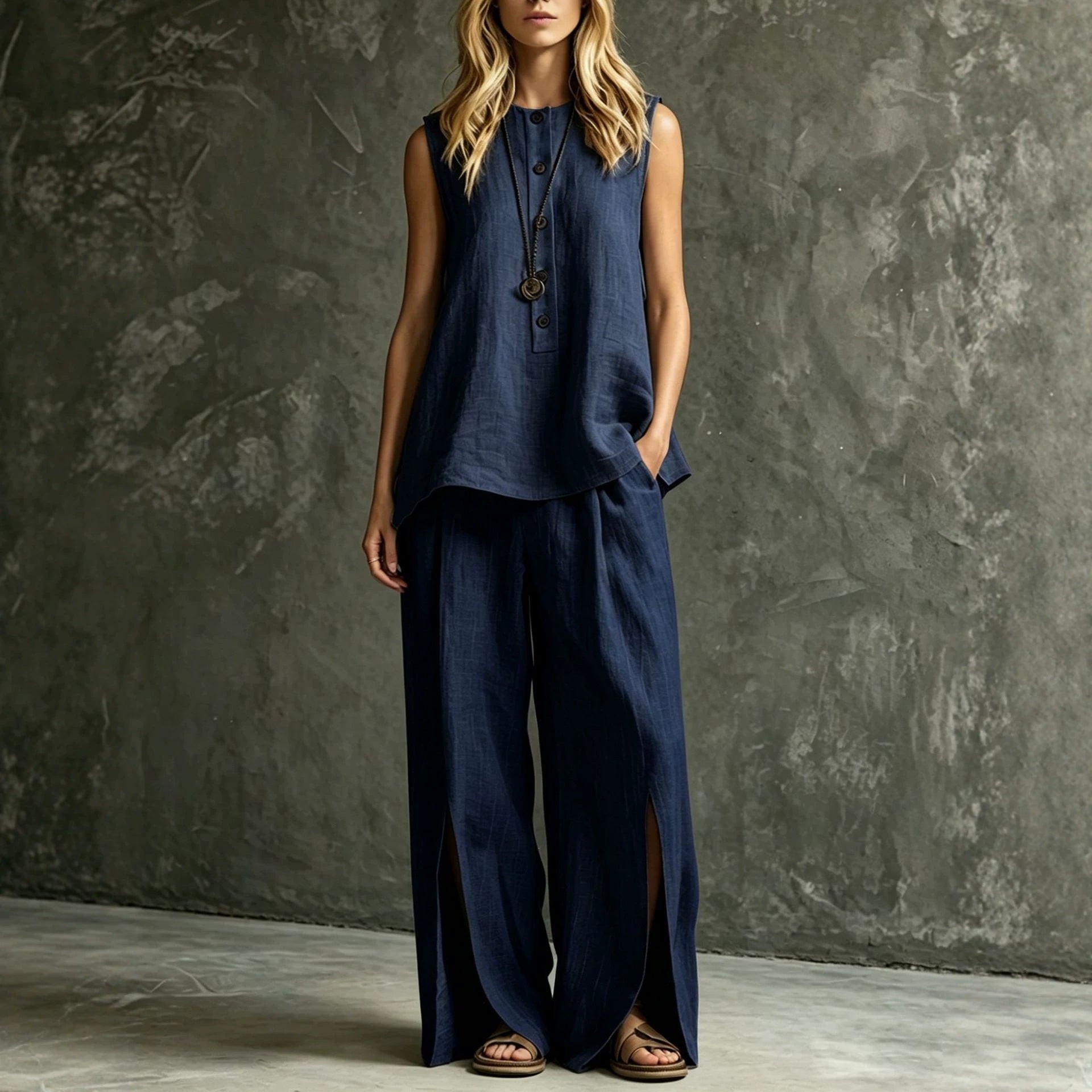 Women's Loose Sleeveless Tank Top & Slit Wide-Leg Pants Two-Piece Set