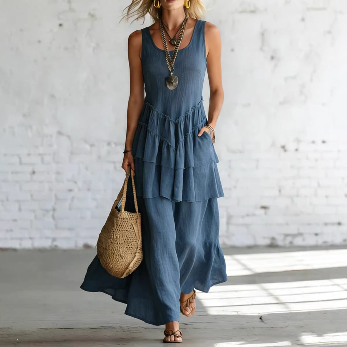 Women's Cotton Linen Sleeveless Loose Maxi Dress