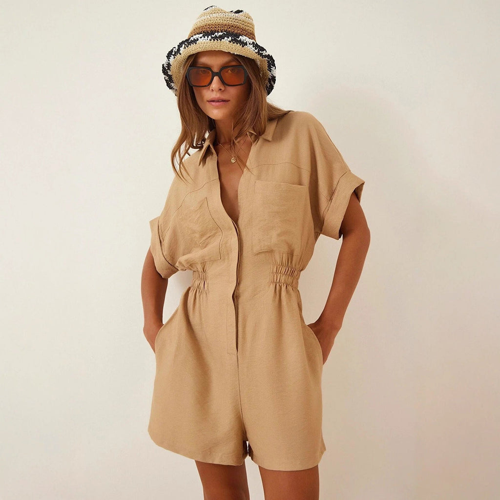 Women's Cotton Linen Loose-Fit Workwear Jumpsuit With Pockets